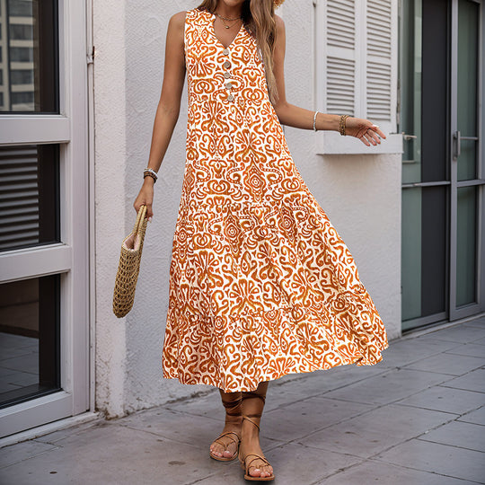 Damen Maxikleid mit romantischem Muster und tiefem V-Ausschnitt EB