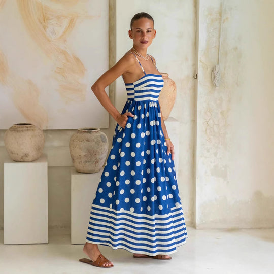 Damen Maxikleid mit verspieltem Streifendesign und großen Punkten EB