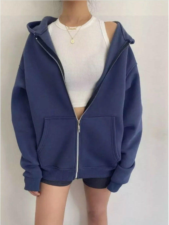Damen nan minimalistisches French-Terry Zip-Hoodie mit durchgehendem Reißverschluss, Kängurutasche und Daumenloch-Ärmeln EB