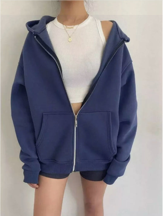 Damen nan minimalistisches French-Terry Zip-Hoodie mit durchgehendem Reißverschluss, Kängurutasche und Daumenloch-Ärmeln EB