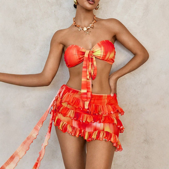 Damen Bandeau-Bikini-Set mit Rüschen und Wickeltuch EB