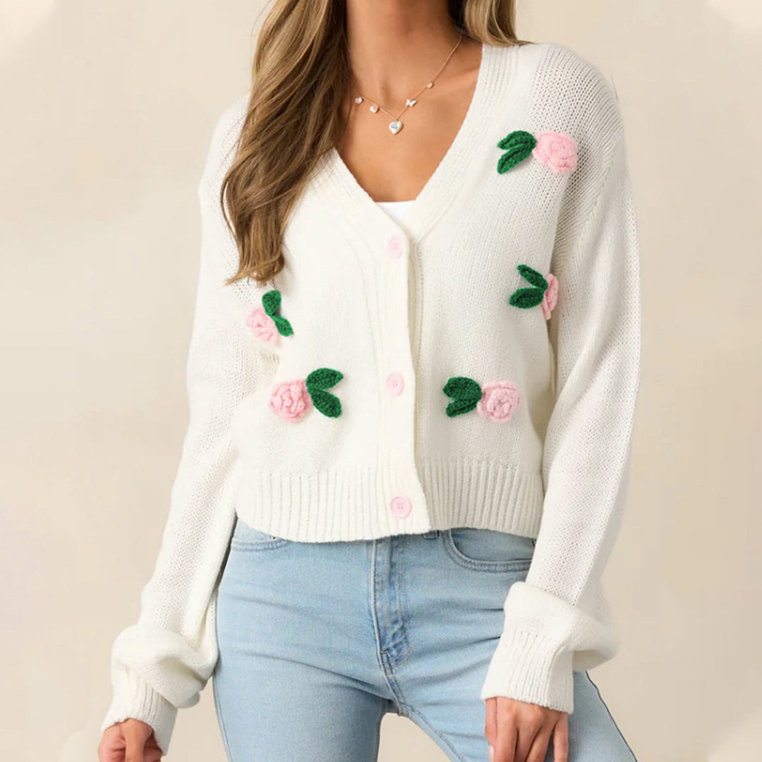 Damen Strickjacke mit floralen Applikationen und bequemen Knopfdetails EB