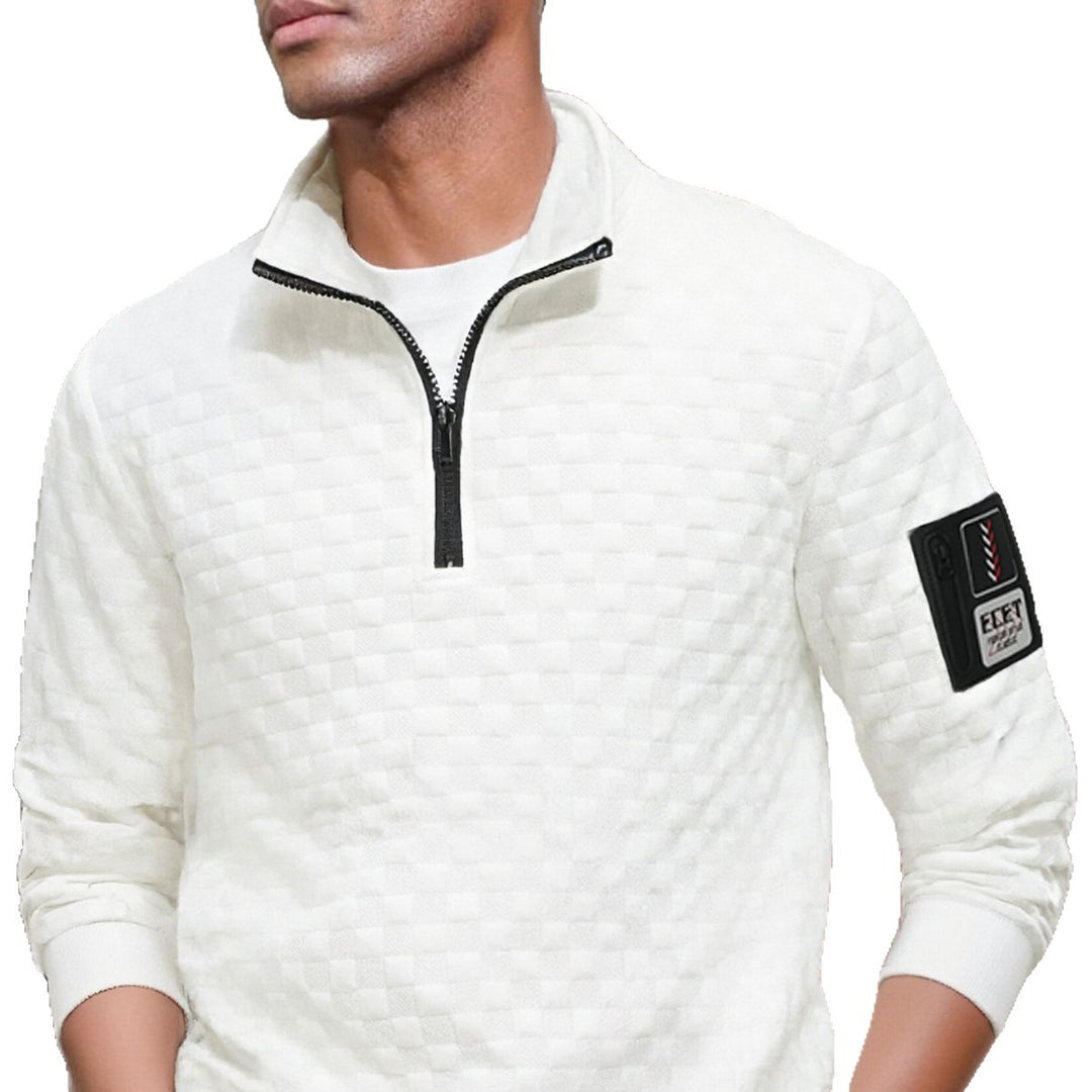 Herren nan strukturierter Stehkragen-Halbzip-Pullover mit Karosteppung, elastischen Bündchen und Ärmel-Patch EB