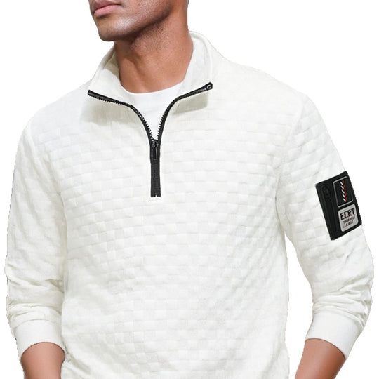 Herren nan strukturierter Stehkragen-Halbzip-Pullover mit Karosteppung, elastischen Bündchen und Ärmel-Patch EB
