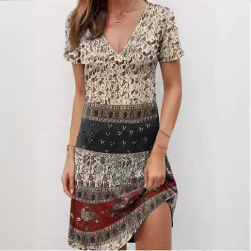Damen Kurzarmkleid mit modischem V-Ausschnitt und kreativem Muster EB