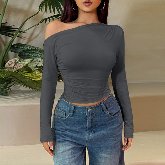Damen Langarm-Crop-Top mit asymmetrischem Ausschnitt und Raffung EB