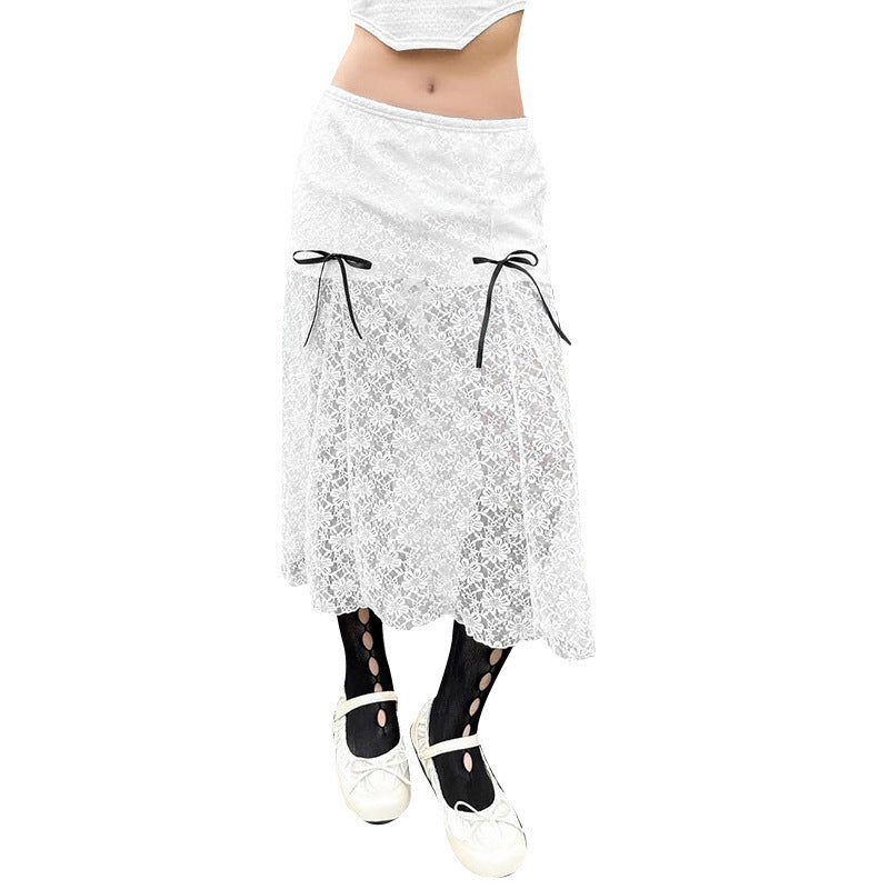 Damen eleganter Spitzenrock mit transparenten Einsätzen und raffinierten Bindebändern EB