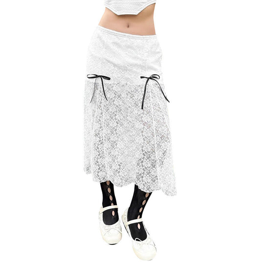 Damen eleganter Spitzenrock mit transparenten Einsätzen und raffinierten Bindebändern EB