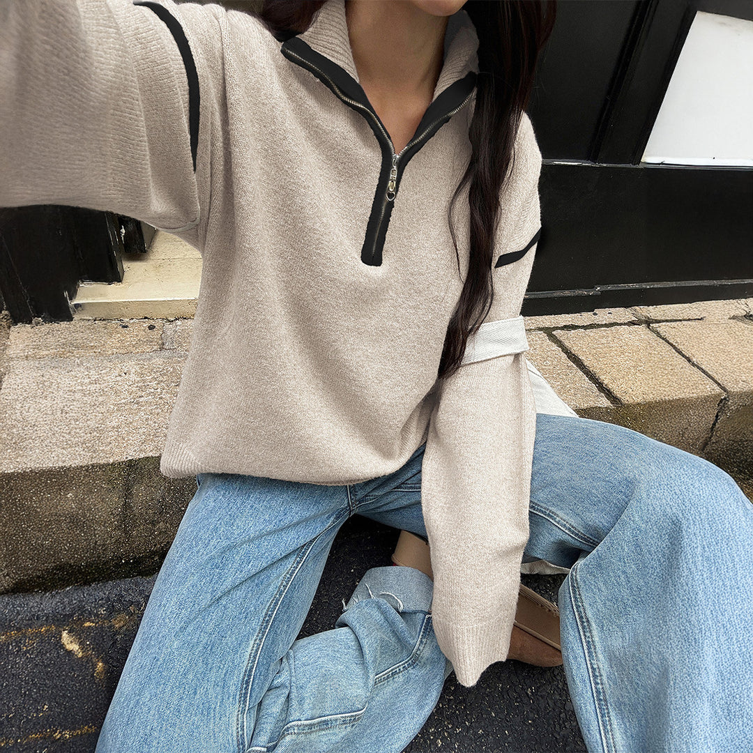Damen nan oversized Strickpullover mit halbem Reißverschluss, Kontrastpaspeln und überschnittener Schulter EB