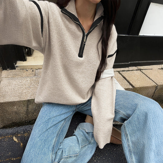 Damen nan oversized Strickpullover mit halbem Reißverschluss, Kontrastpaspeln und überschnittener Schulter EB