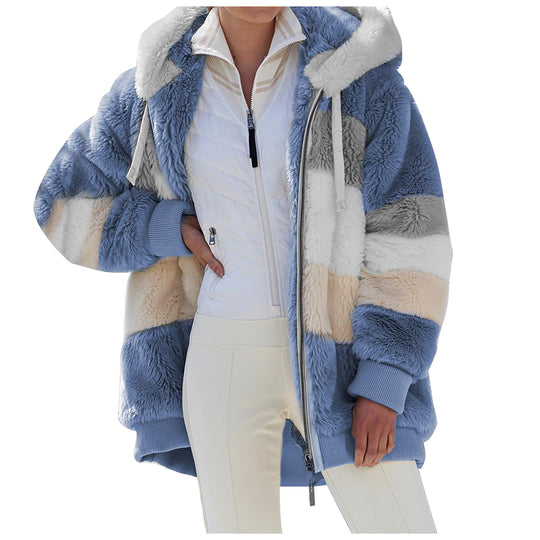Damen nan oversized gefütterte Kunstfelljacke mit Kapuze, Blockstreifen und gerippten Bündchen EB