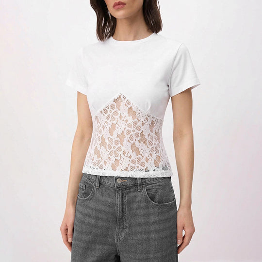 Damen Elegantes Oberteil aus Spitze und Jersey EB