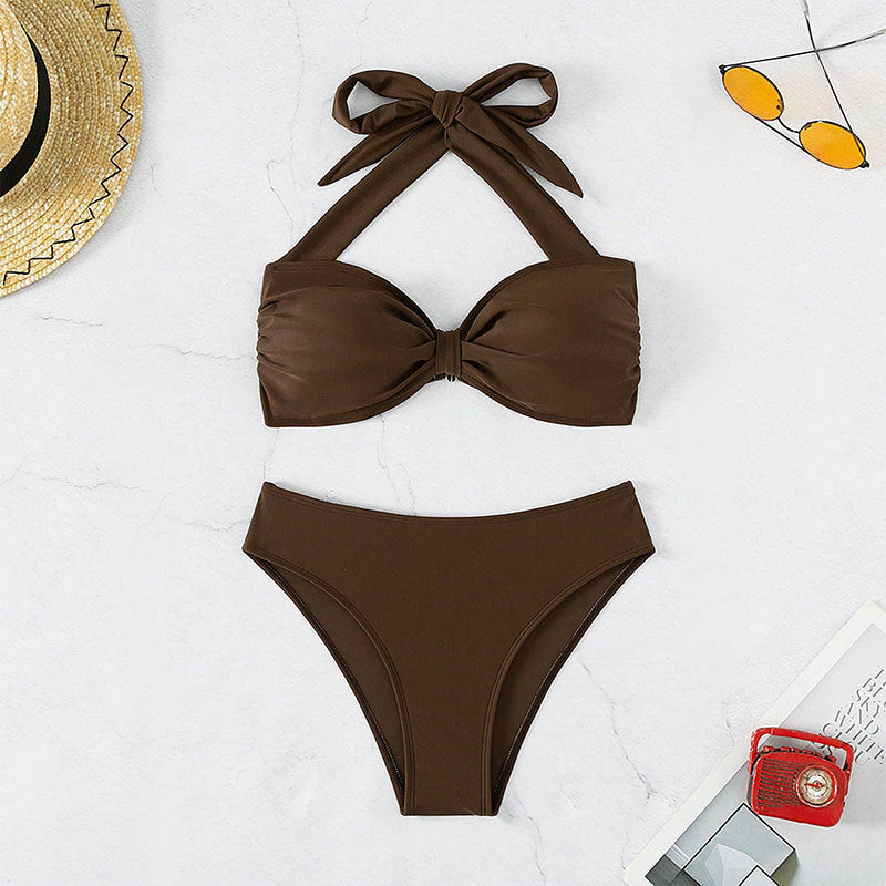 Damen Bandeau-Bikini mit dekorativem Knoten und hoher Taille EB