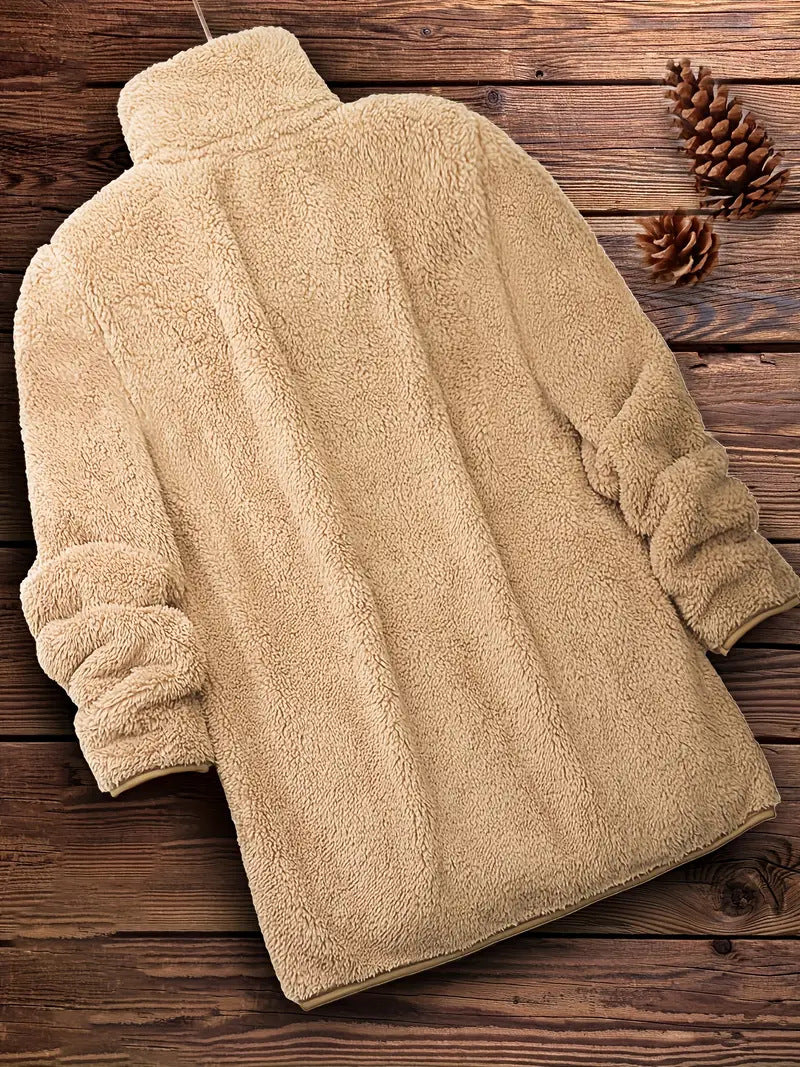 Damen Flauschige Teddyjacke mit hohem Kragen und seitlichen Taschen EB