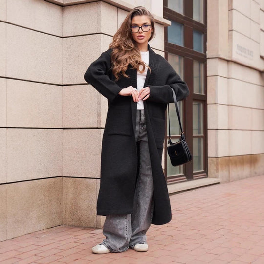 Damen Strickmantel mit tiefem V-Ausschnitt und großen Taschen EB