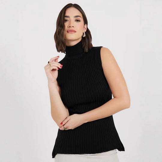 Damen Rollkragenpullover ohne Ärmel mit senkrechtem Rippenmuster EB