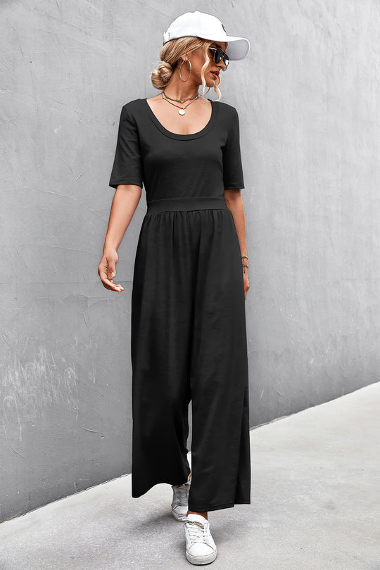 Damen Jumpsuit mit weitem Bein und elegantem Rundhalsausschnitt EB