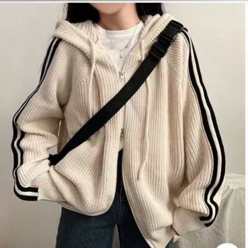 Damen lässiger Strickhoodie mit tiefem V-Ausschnitt und seitlichen Streifen EB