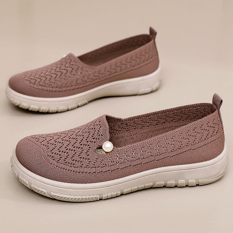Damen Slip-On Freizeit Schuhe mit eleganter Strickoberfläche und Perlenschmuck EB