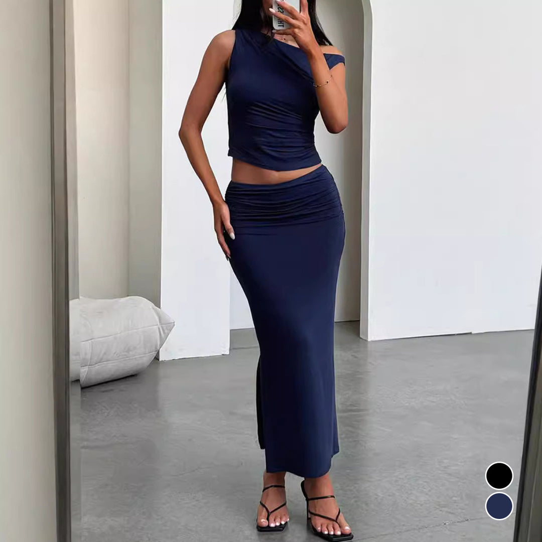 Damen Set aus schulterfreiem Top und Maxi-Rock in gerafftem Design EB