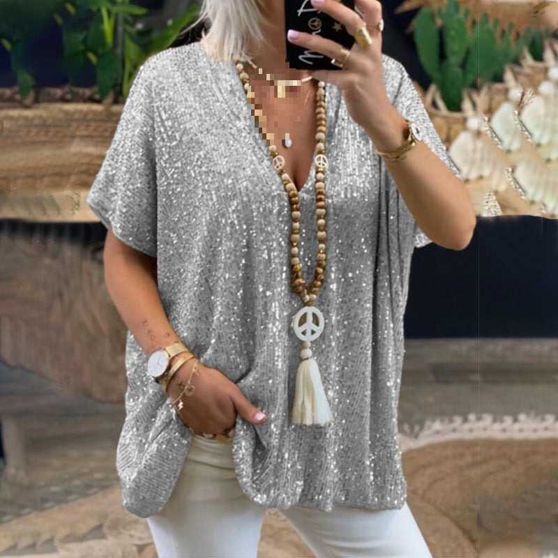 Damen Glamouröses Pailletten-Tunikashirt mit V-Ausschnitt EB