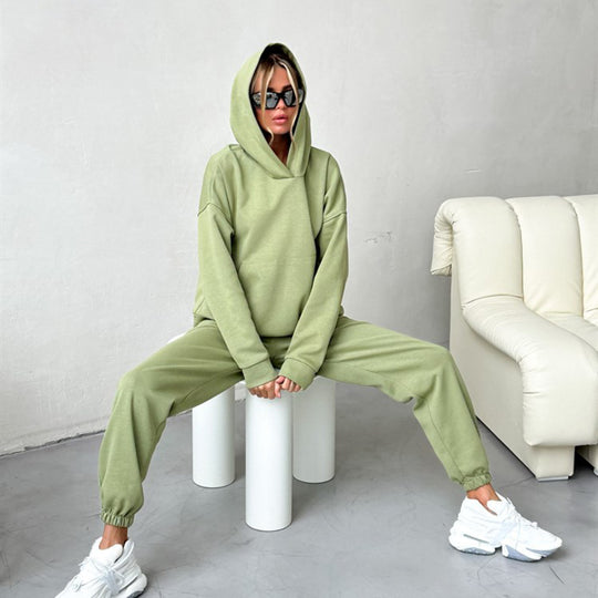 Damen nan Cropped Kapuzenpullover und taillierte Bündchen-Jogginghose Set aus schwerem French Terry EB