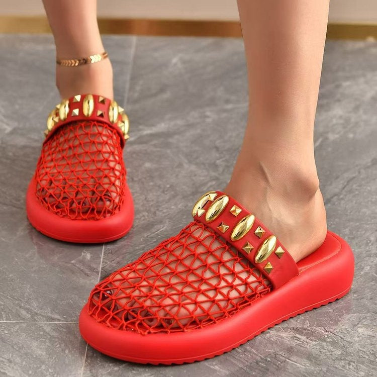 Damen Plateau-Pantoletten mit Netzdesign und Glitzerakzenten EB
