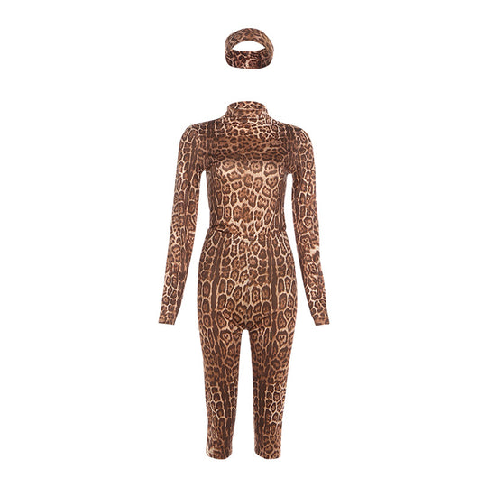 Damen Figürlicher Tiermuster-Jumpsuit mit großzügigem Stehkragen und langem Arm EB