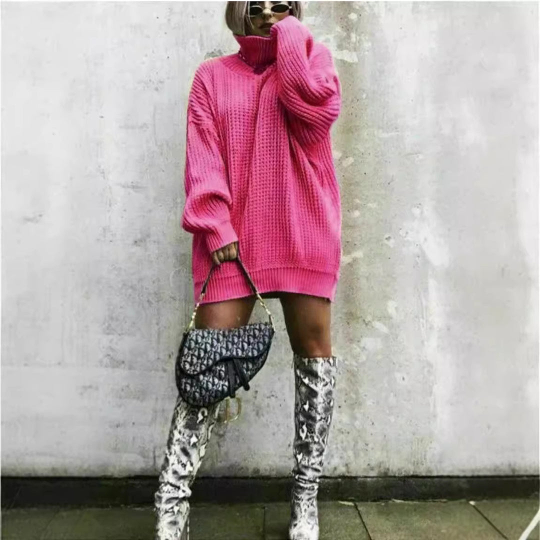 Damen Oversized Strickpullover mit hohem Kragen und Waffelmuster EB