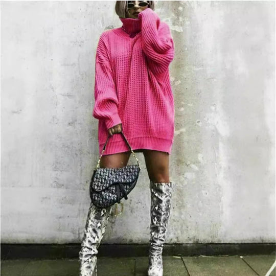 Damen Oversized Strickpullover mit hohem Kragen und Waffelmuster EB