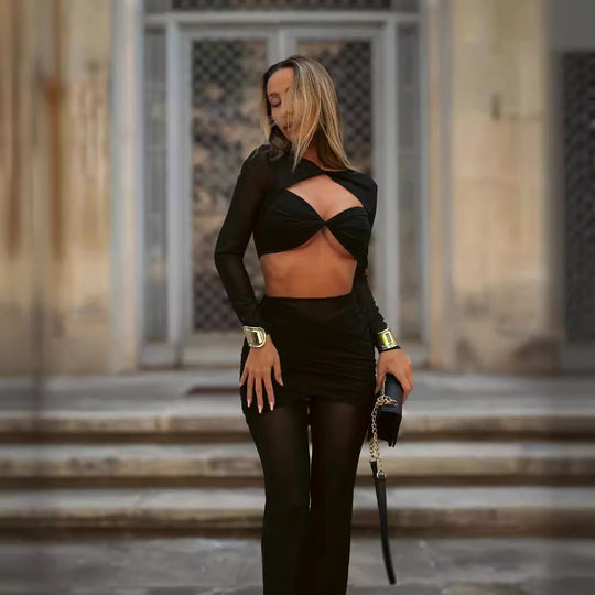 Damen elegantes Crop-Top und weit geschnittene Hose Set EB