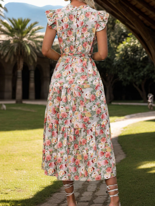 Damen Floral Maxikleid mit Taillengürtel und voluminösen Ärmeln EB