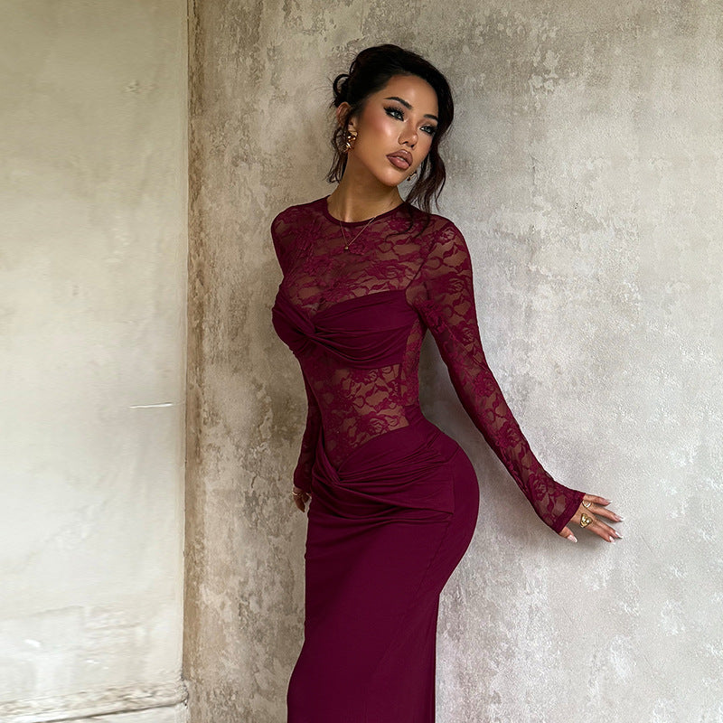 Damen elegantes Langarmkleid mit Spitzenoberteil und figurbetontem Schnitt EB