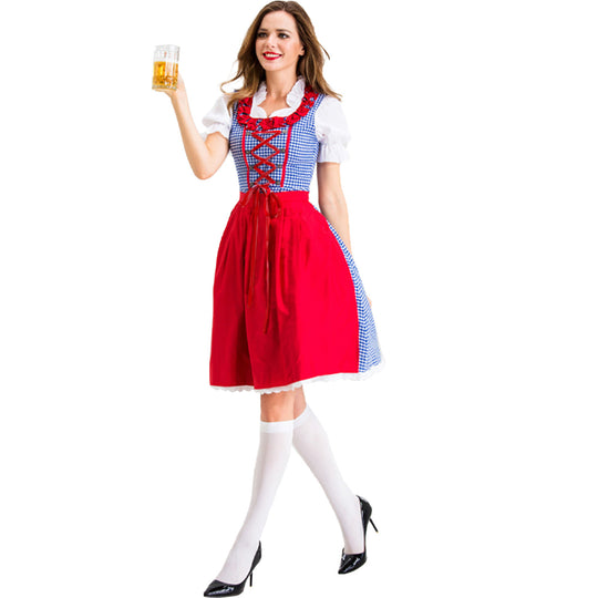 Damen nan Karo-Dirndl mit geschnürter Miederfront, Rüschenkragen und taillierter Schürze EB