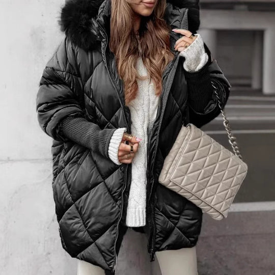 Damen Oversized Steppjacke mit Kunstpelzkragen EB
