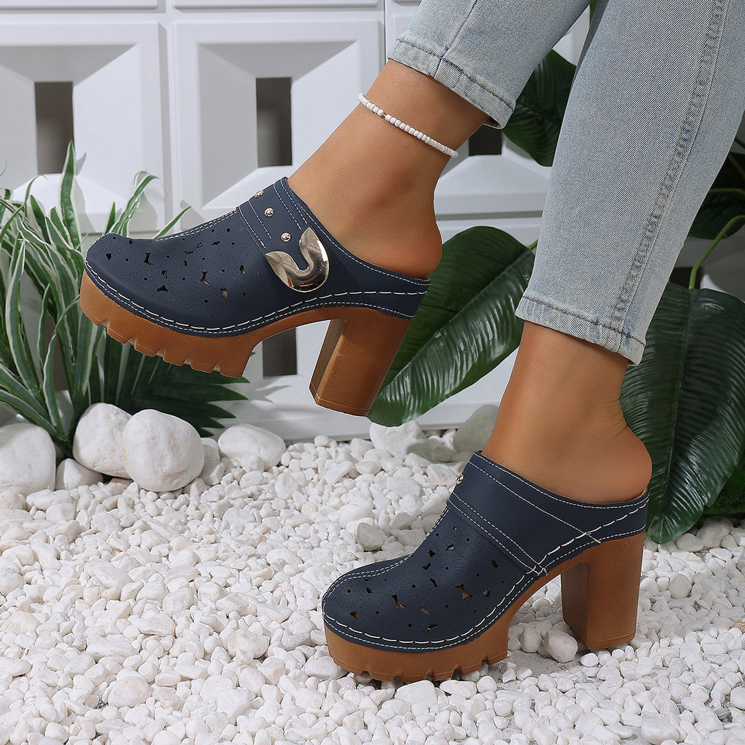 Damen modische Clogs mit perforiertem Design und elegantem Blockabsatz EB
