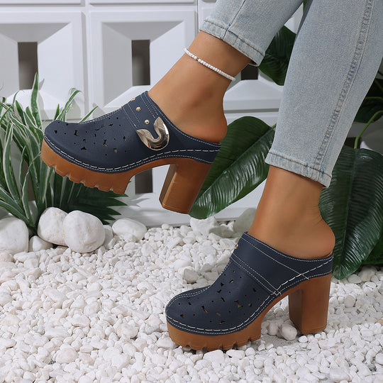 Damen modische Clogs mit perforiertem Design und elegantem Blockabsatz EB