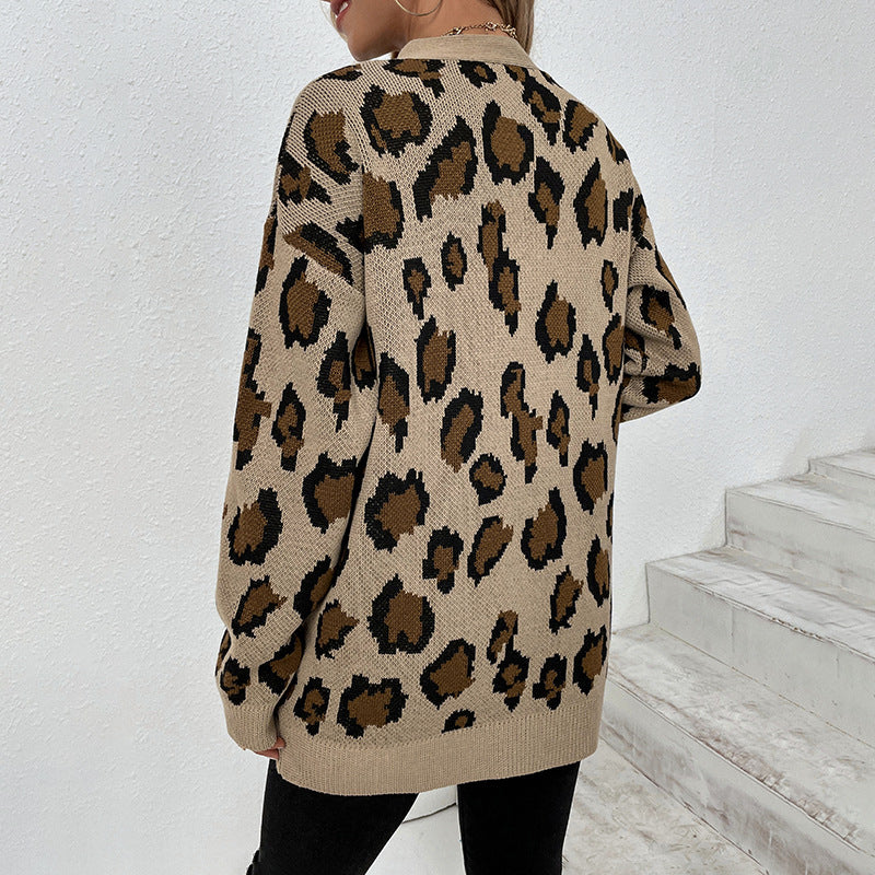 Damen modische Strickjacke mit Leopardenmuster und praktischen Taschen EB