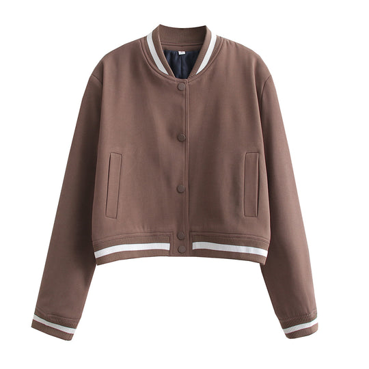 Damen Kurz geschnittene Collegejacke mit Rippbündchen und Druckknöpfen EB