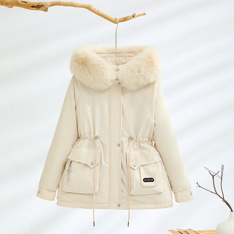 Damen nan kurzer Thermo-Parka mit voluminösem Schalkragen in Webpelzoptik und taillierendem Tunnelzug EB