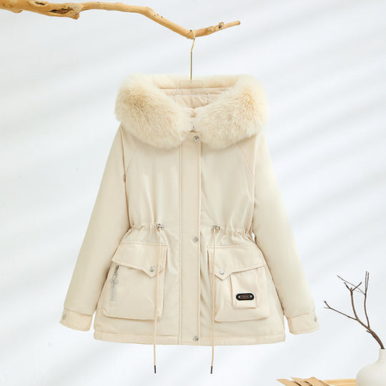 Damen nan kurzer Thermo-Parka mit voluminösem Schalkragen in Webpelzoptik und taillierendem Tunnelzug EB
