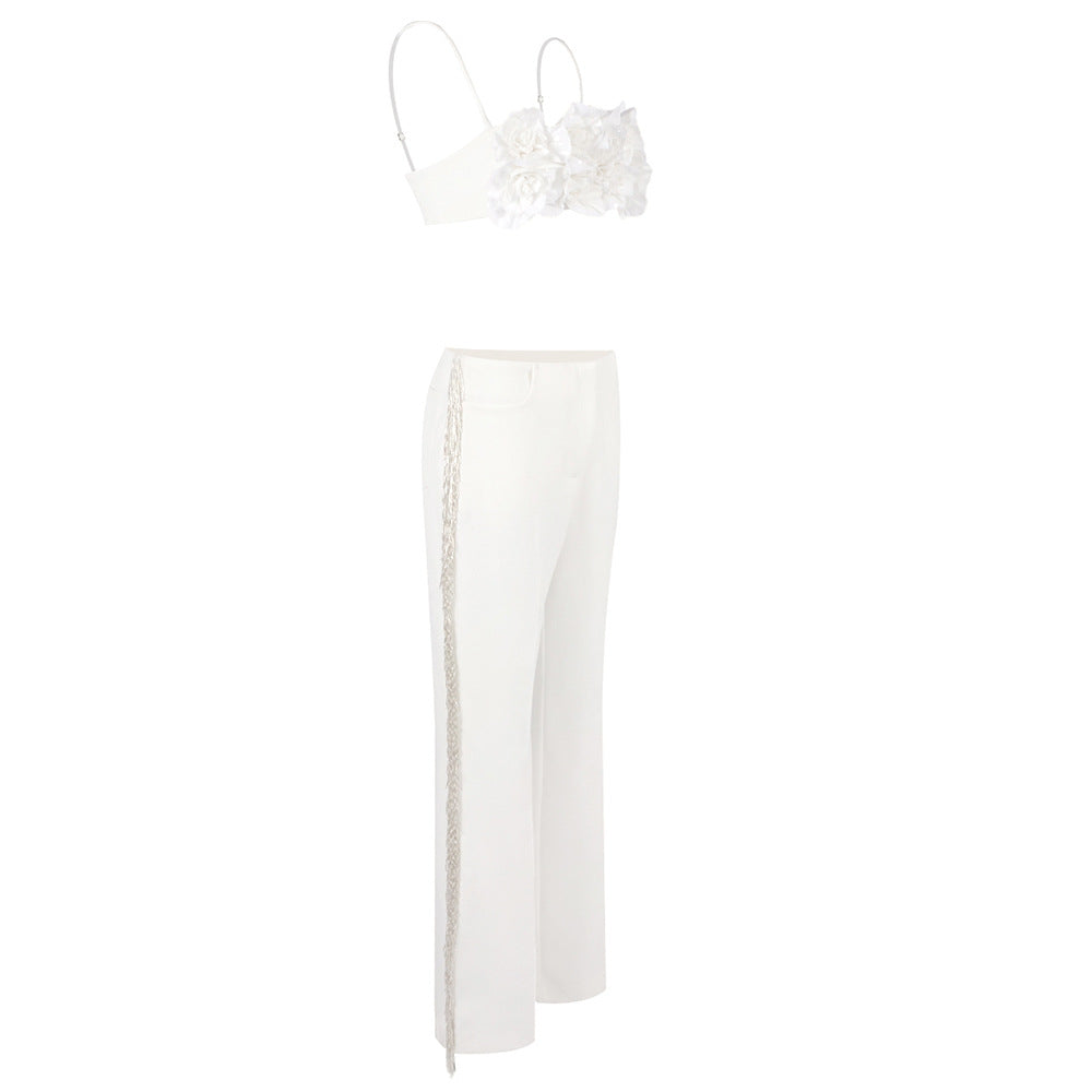 Damen elegantes Oberteil mit floralen Applikationen und schmalem Hosenanzug EB