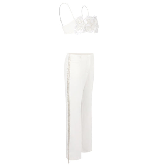 Damen elegantes Oberteil mit floralen Applikationen und schmalem Hosenanzug EB
