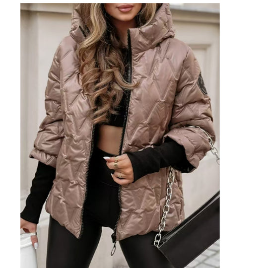 Damen nan kurze gesteppte Wattierte Steppjacke mit Hochkragen Wet-Look und Rippbündchen EB