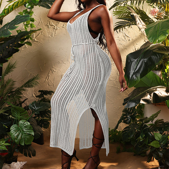 Damen Maxikleid mit raffiniertem Häkelmuster und seitlichem Schlitz EB