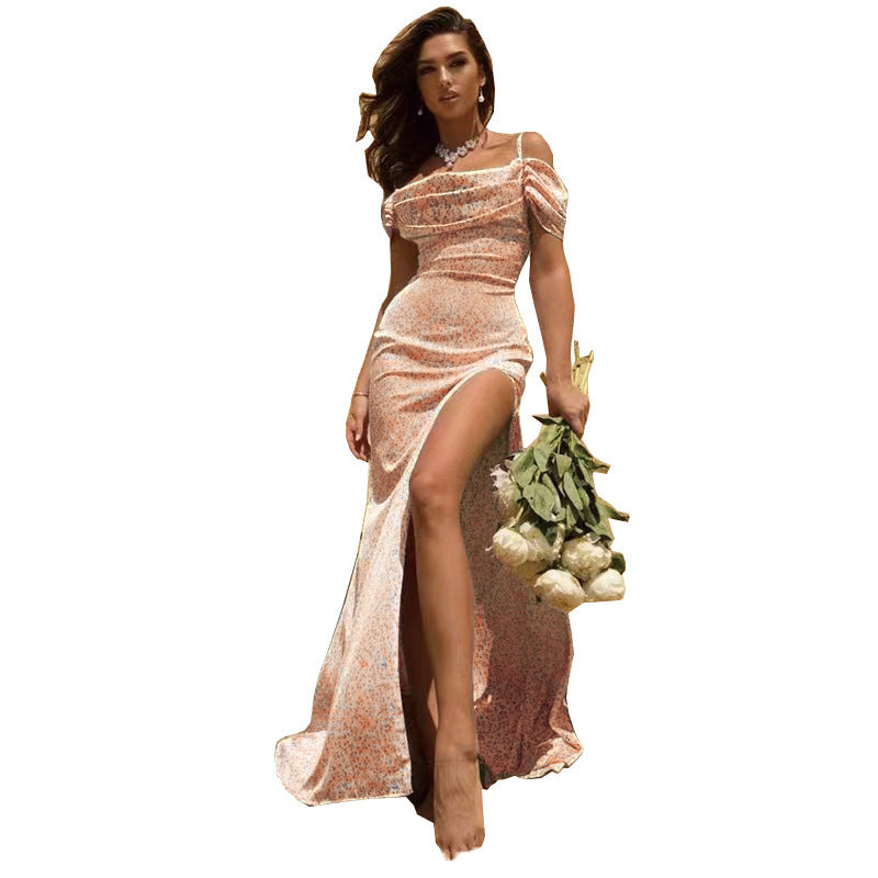 Damen Elegantes Maxikleid mit Off-Shoulder Design und hohem Beinschlitz EB