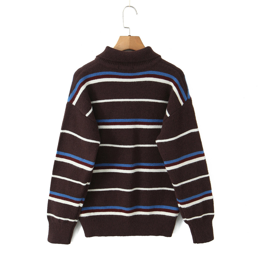 Damen gestreifter Poloshirt-Strickpullover EB