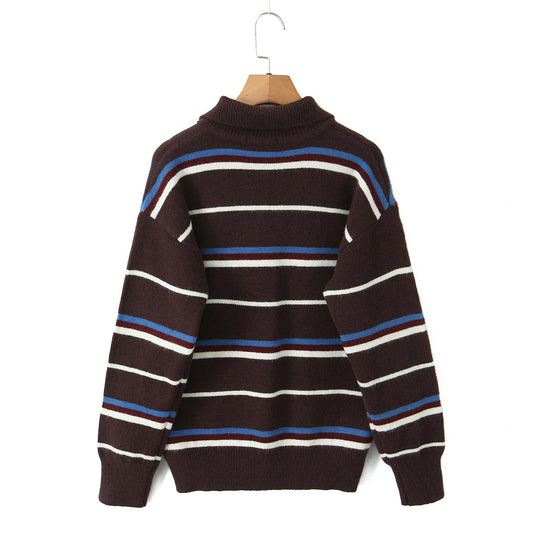 Damen gestreifter Poloshirt-Strickpullover EB