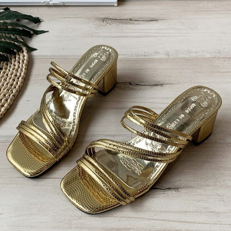Damen Mules mit elegantem Metallic-Obermaterial und komfortablem Blockabsatz EB