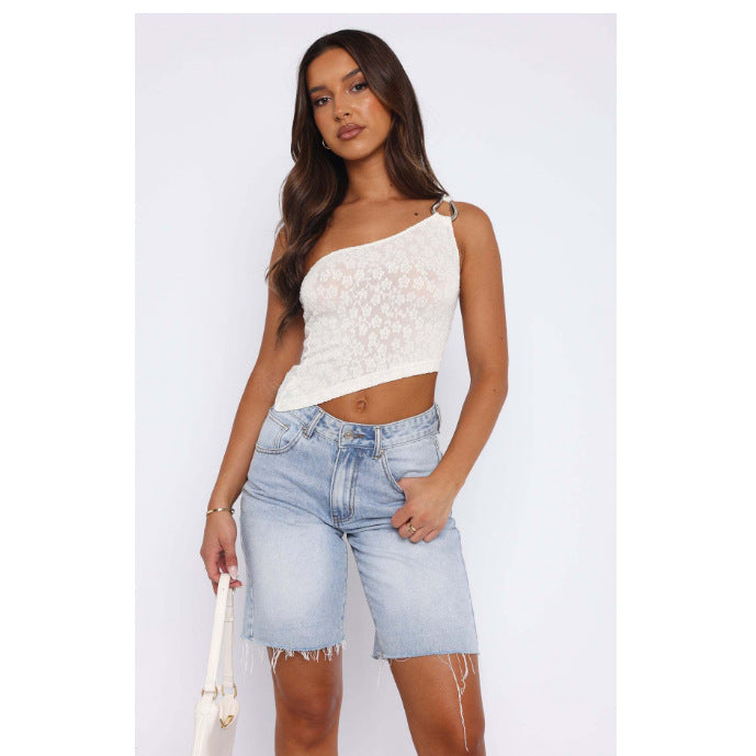 Damen asymmetrisches Spitzenoberteil mit funkelndem Ringdetail EB